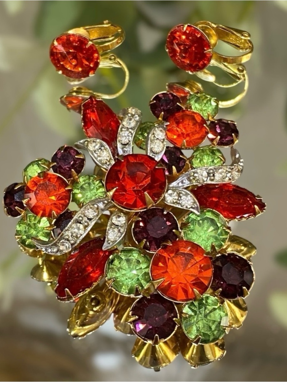 Vintage Rhinestone Brooch Earrings Set Regency c1950 Orange Rivoli Fruit Salad